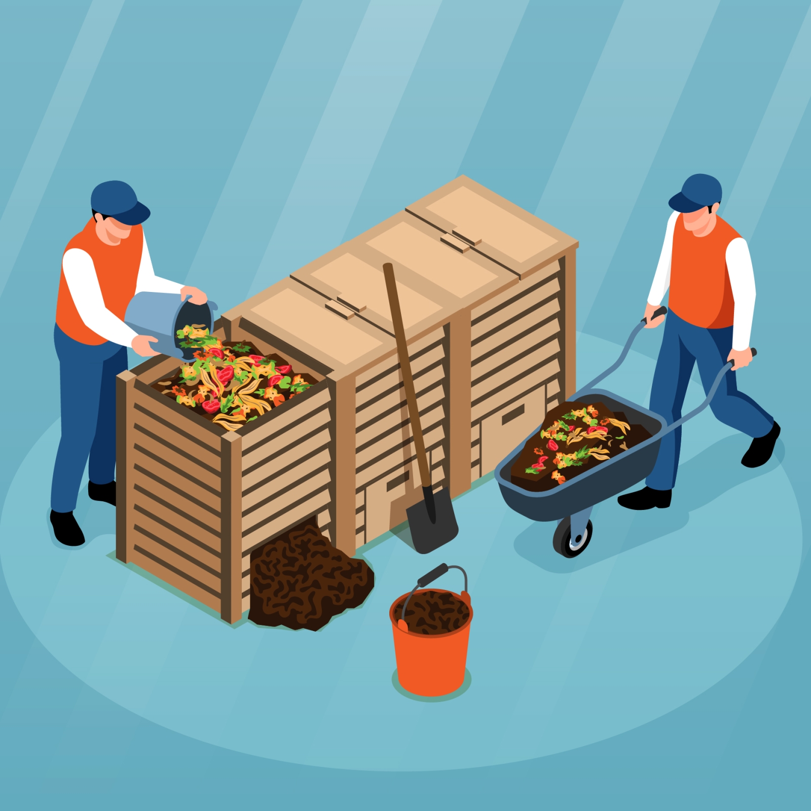 Rysunek przedstawia dwoje ludzi pracujących przy kompostowniku