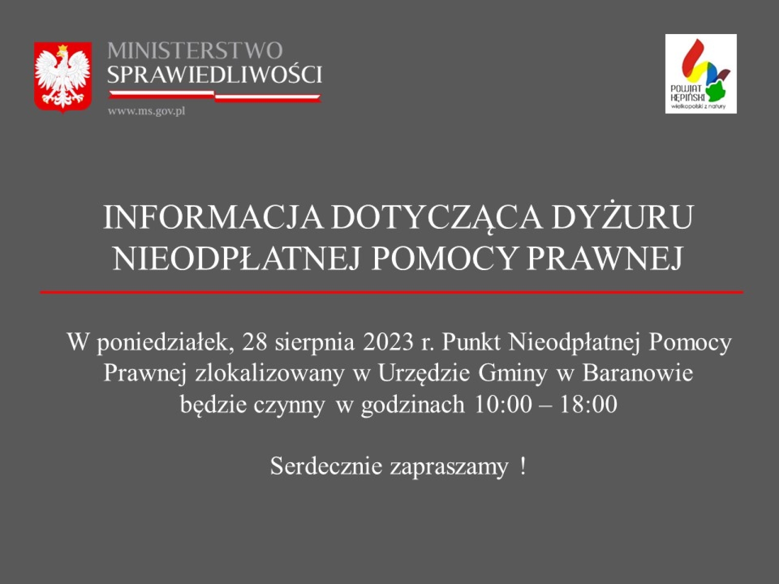 INFORMACJA DOTYCZĄCA DYŻURU NIEODPŁATNEJ POMOCY PRAWNEJ